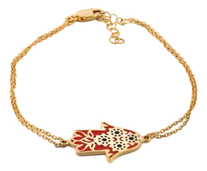 Red Enamel Floral Hamsa Hand Gold Vermeil Chain Bracelet