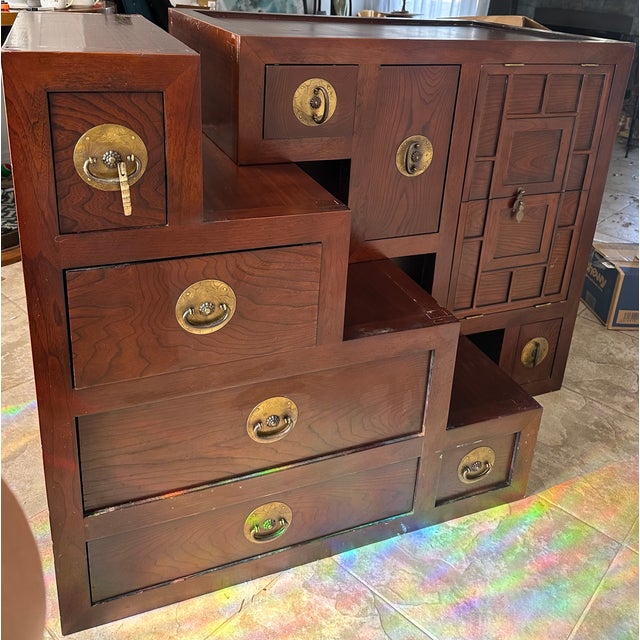 Brass Late 20th Century Japanese Edo–Meiji Style Puzzle Tansu Cabinet, Two-Piece Elmwood Chest With Brass Hardware For Sale - Image 8 of 14