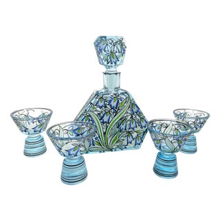 Vintage Art Deco Carafe with Glasses in Hand-Painted Crystal Glass, 1930, Set of 5 For Sale
