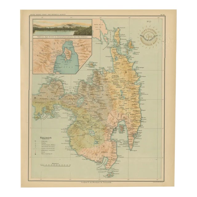 Map of Eastern Mindanao with Mount Apo Observatorio in Manila, 1899 For Sale