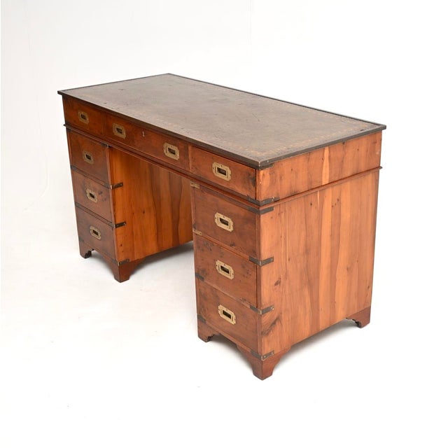 Antique Yew Wood Military Campaign Style Pedestal Desk, 1950 For Sale - Image 4 of 9