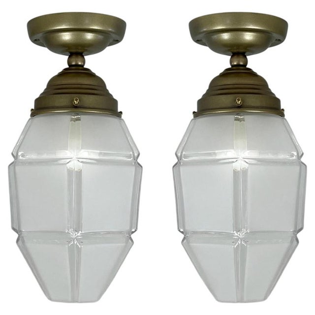 Art Deco Frosted Glass and Burnished Brass Flush Mounts, Austria, 1920s, Set of 2 For Sale - Image 16 of 16