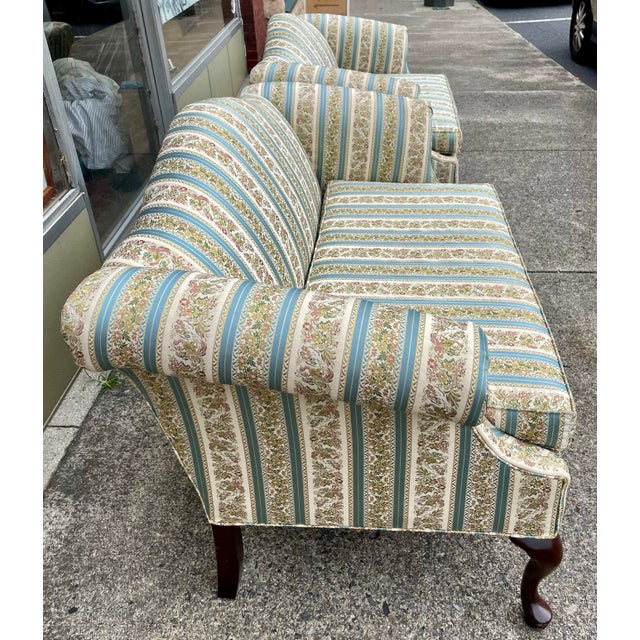 Antique White Mid 20th Century Pair Taylor-King Queen Anne Camelback Sofa Loveseat Floral Blue White Stripe For Sale - Image 8 of 12