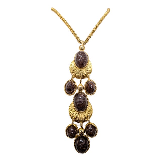 Vintage Signed Les Bernard Cabochon Faux-Brown Agates Pendant Necklace For Sale