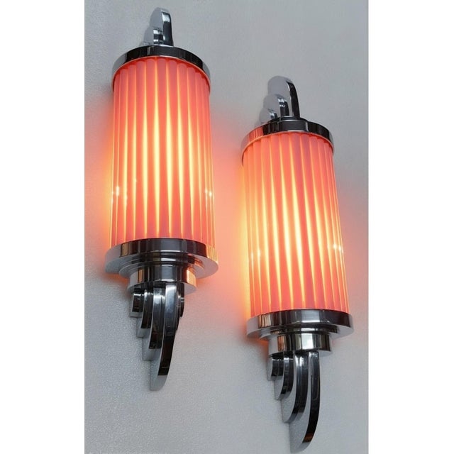 Art Deco Vintage Skyscraper Art Deco Light Old Lamp Wall Sconces Fixture Nickel Brass & Pink Glass Rod Ship Light - Pair For Sale - Image 3 of 5