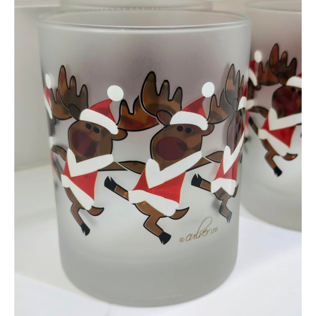 Glass Vintage Culver LTD Christmas Santa & Reindeer Frosted Tumblers, Set of 6 For Sale - Image 7 of 10