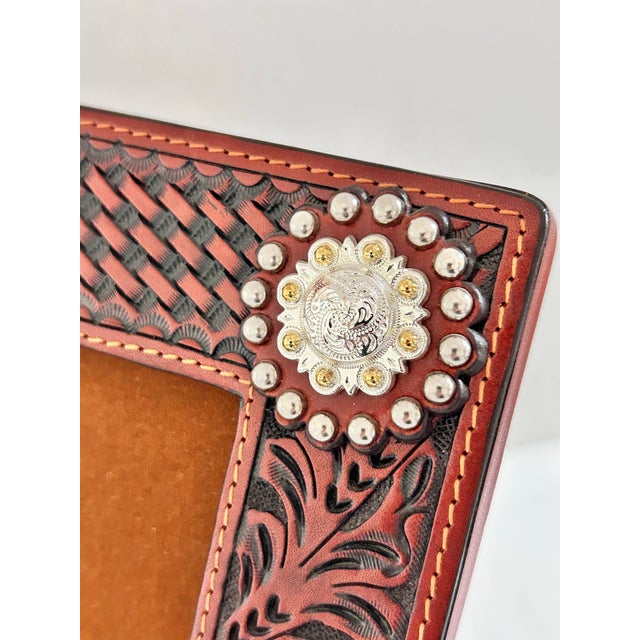Brown 1980s Southwestern Tooled Leather Picture Frame With Concho Accents, Holds 5x7 Photo For Sale - Image 8 of 12