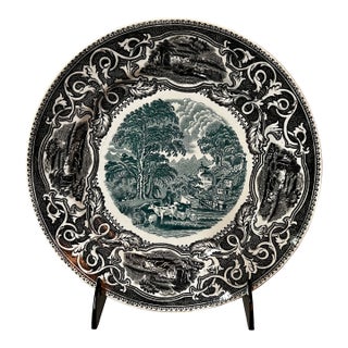 Antique French Faience Black & White Green Transfer Ware Pastoral Plate For Sale