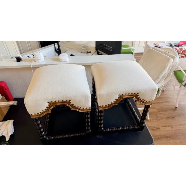 Mid-Century Modern A Pair of Antique White Foot Stools With Gold Accent For Sale - Image 3 of 15