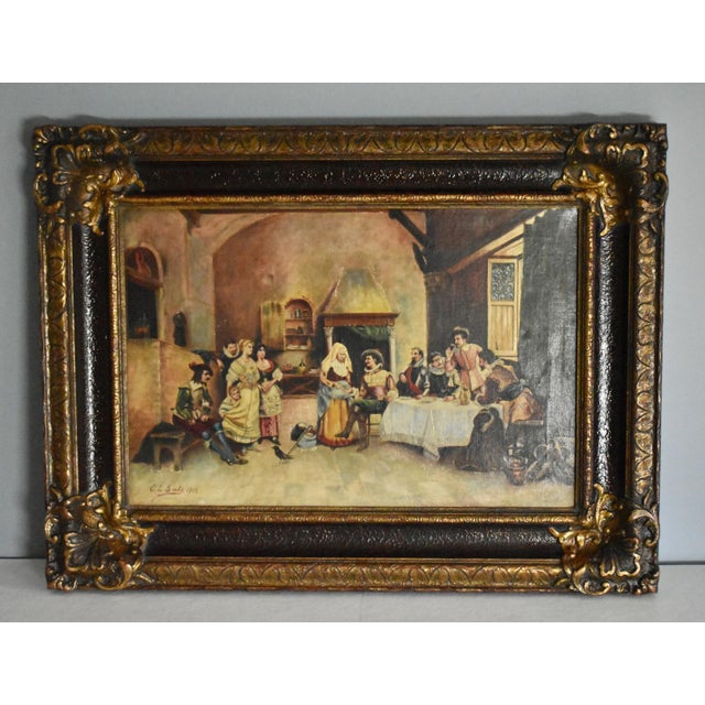 Rustic European Antique European Tavern Interior Genre Scene Framed Signed & Dated 1910 For Sale - Image 3 of 16