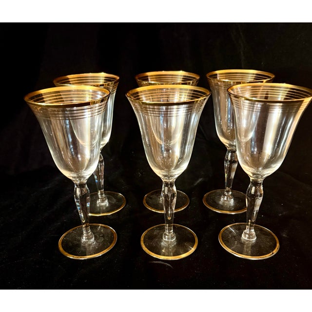 Transparent Mid 20th Century Gold Trim Optical Paneled Goblets - Set of Six For Sale - Image 8 of 12