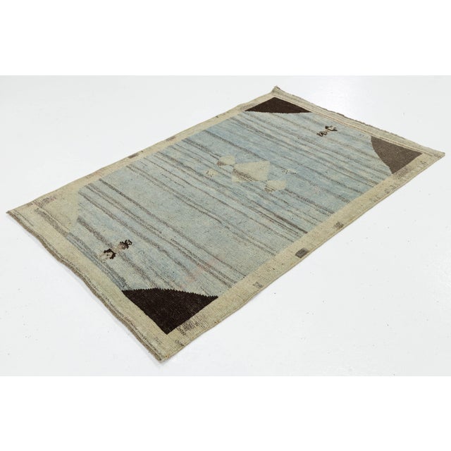 2010s Modern Hand-Knotted Gabbeh Wool Rug – Minimalist Blue & Grey Geometric Tribal For Sale - Image 5 of 8