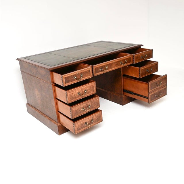 Vintage Pedestal Desk in Burr Walnut with Leather Top, 1950 For Sale - Image 3 of 11