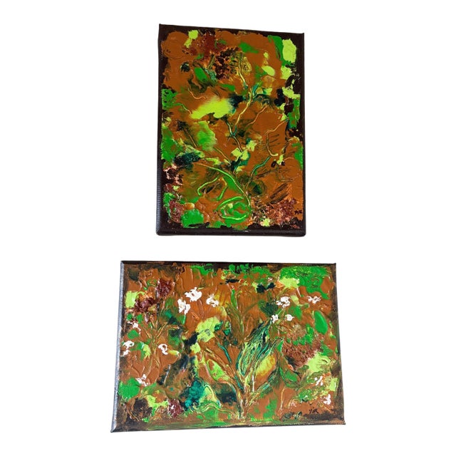 Pair of Acrylic Paintings on Canvas 7" by 5" Titled Le Printemps" Spring by Yjr For Sale