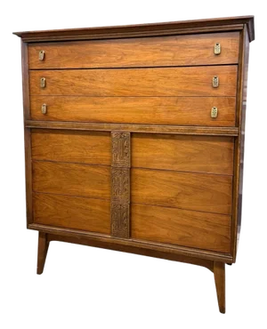 1960s Vintage Mid Century Modern Dresser by Bassett Aztec Collection by Leo Jiranek With Solid Wood Block and Brass Finished Handles