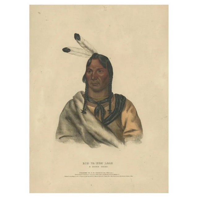 Sioux Chief Portrait – Esh-Ta-Hum-Leah, Native American Lithograph c.1838 This compelling hand-colored lithograph portrays...