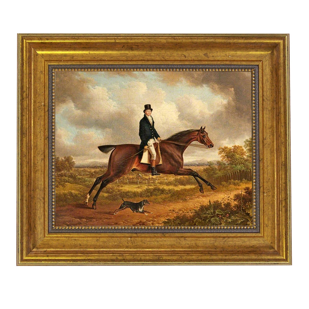 Traditional Horse Rider Framed Oil Painting Print on Canvas in Antiqued