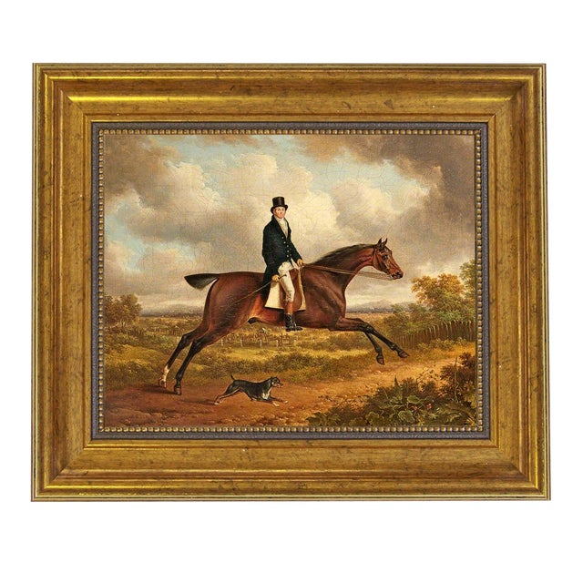 Traditional Horse Rider Framed Oil Painting Print on Canvas in Antiqued