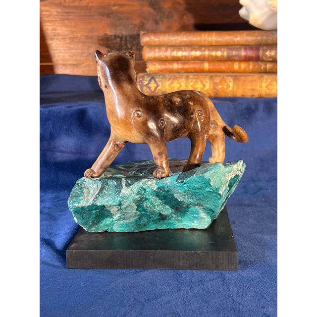 Wood Pair of Early 20th Century Chinese Carved Marble Lions on the Faux Malachite Stone Bases For Sale - Image 7 of 14