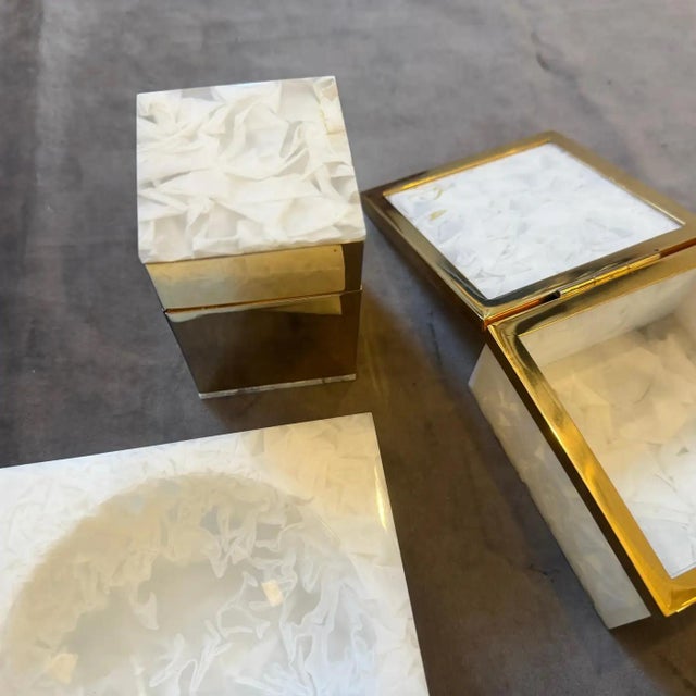 This sophisticated 1970s Italian mid-century modern smoking and desk set captures the glamorous, high-end aesthetic of the...