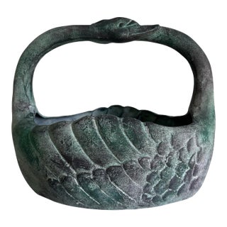 Vintage Verdigris Patina Swan Metal Basket Planter For Sale