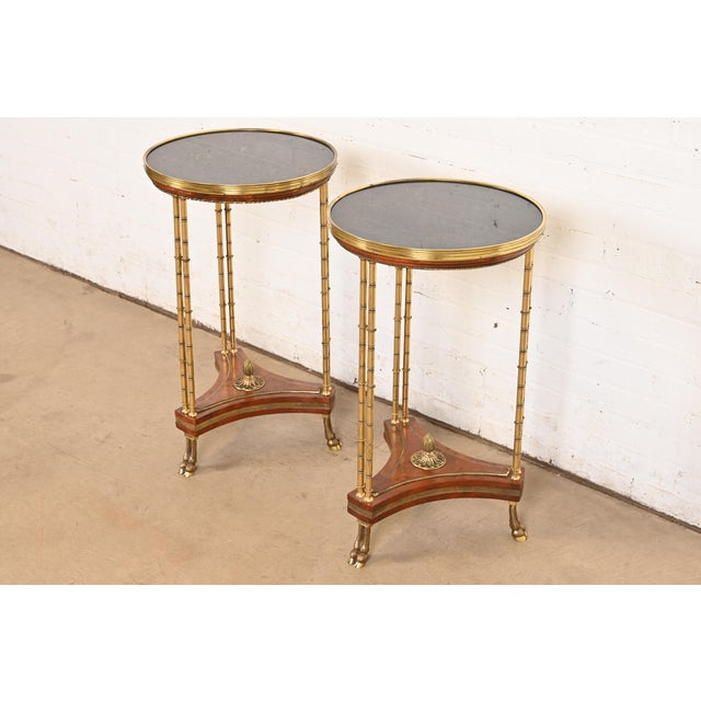 Baker Furniture Company Baker Furniture Style Regency Burl Wood and Brass Marble Top Guéridon Side Tables, Pair For Sale - Image 4 of 11