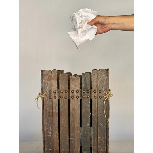 1900s Antique Wooden Basket With Brass Nailheads and Leather Ties For Sale In Los Angeles - Image 6 of 6
