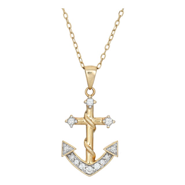 Vintage Diamond Anchor Necklace 14k Yellow Gold 19" Chain Estate Ocean Jewelry For Sale