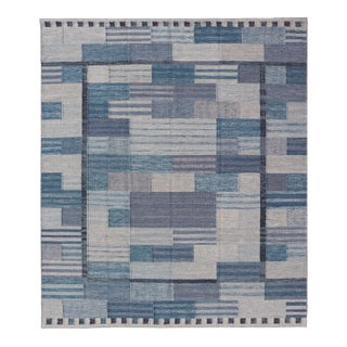 Scandinavian Style Flat-Weave Rug With Modern Design in Gray, Black, and Blues 9'2 X 11'7 For Sale