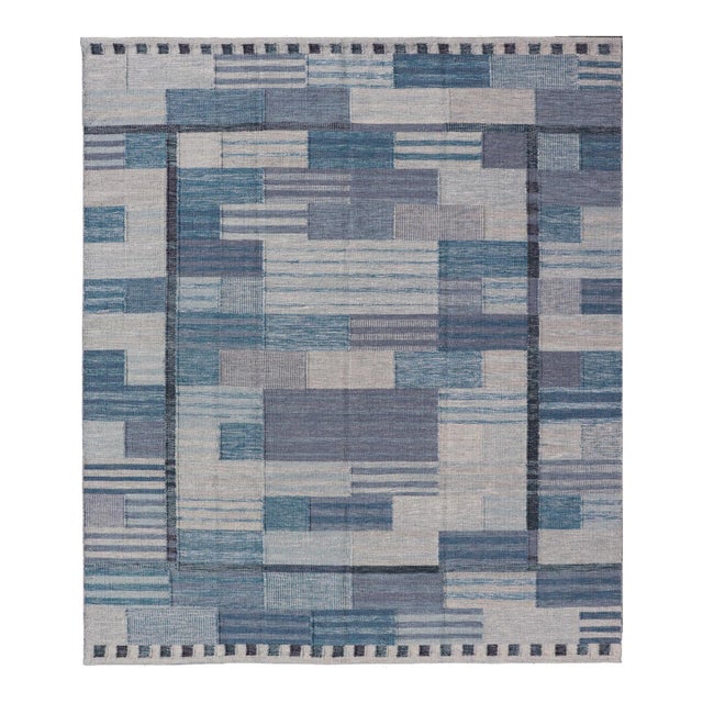 Scandinavian Style Flat-Weave Rug With Modern Design in Gray, Black, and Blues 9'2 X 11'7 For Sale