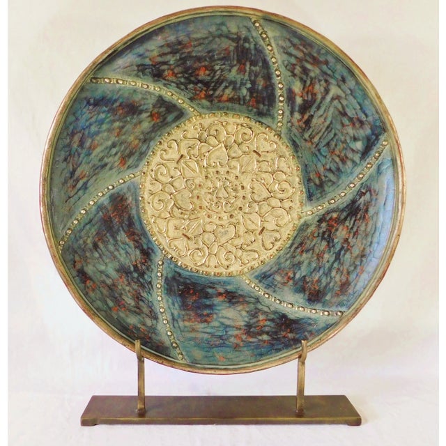 Large Vintage Elegant Gold Hand Painted Carved Wood Round Charger on Gold Metal Stand For Sale - Image 11 of 11