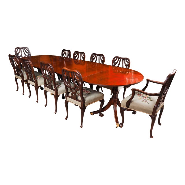 Antique Regency Triple Pillar Dining Table and Chairs, 1820s, Set of 11 For Sale
