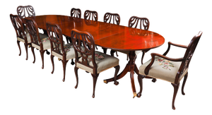 Antique Regency Triple Pillar Dining Table and Chairs, 1820s, Set of 11