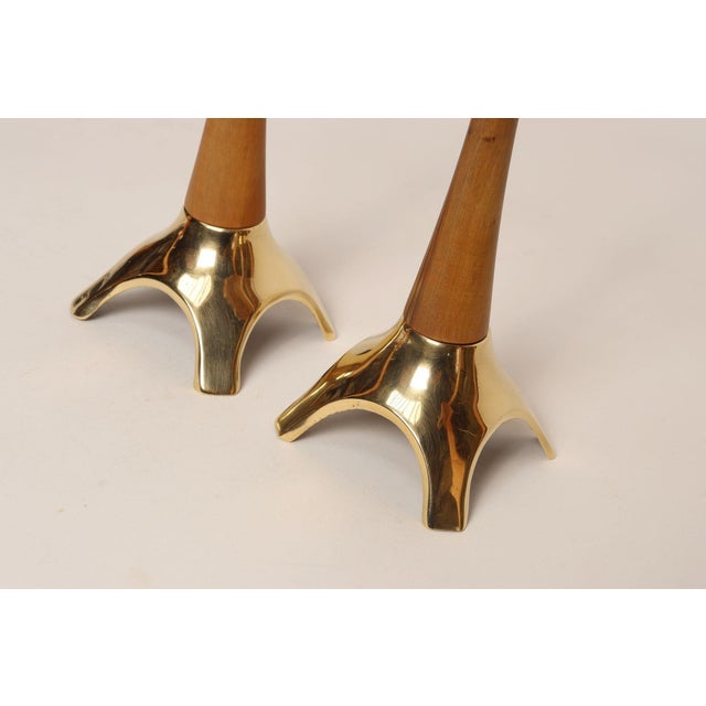 Pair of Sculptural Vintage Austrian Brass and Walnut Candlesticks For Sale - Image 17 of 18