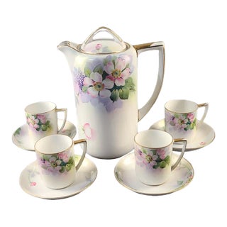 Vintage Nippon Hand-Painted Fine Porcelain Floral Chocolate Tea Set- 9 Pieces For Sale