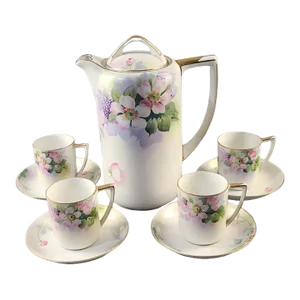 Vintage Nippon Hand-Painted Fine Porcelain Floral Chocolate Tea Set- 9 Pieces