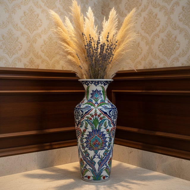 Handmade Ceramic Imperial Palace Vase (60cm) Classic White Symmetrical Saz-Hatai Pattern For Sale - Image 9 of 12