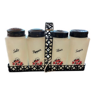 Mid 20th Century McKee Tipp City Milk Glass Flower Basket Shakers in Carrier For Sale