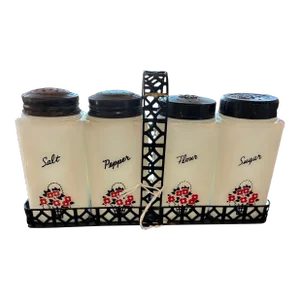 Mid 20th Century McKee Tipp City Milk Glass Flower Basket Shakers in Carrier