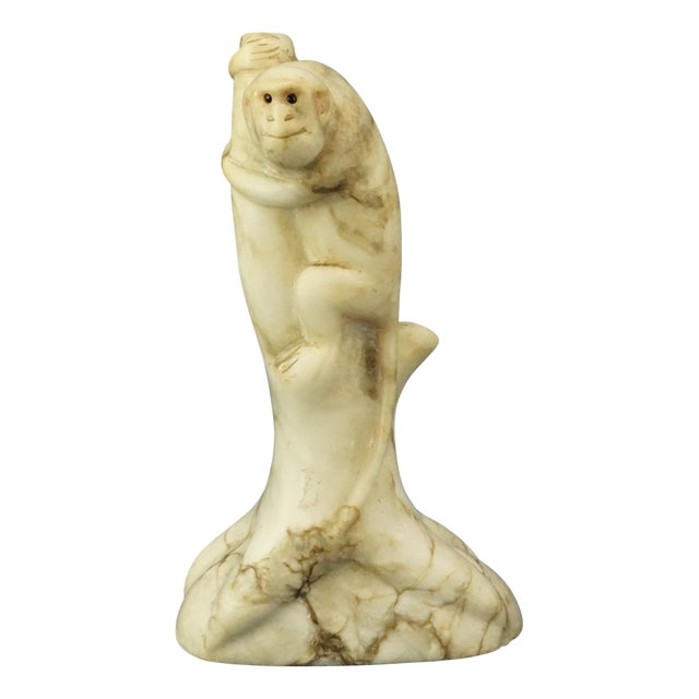 Qing Dynasty Qianlong Marble Monkey Sculpture with Jasper Eyes, China, Late 1800s For Sale