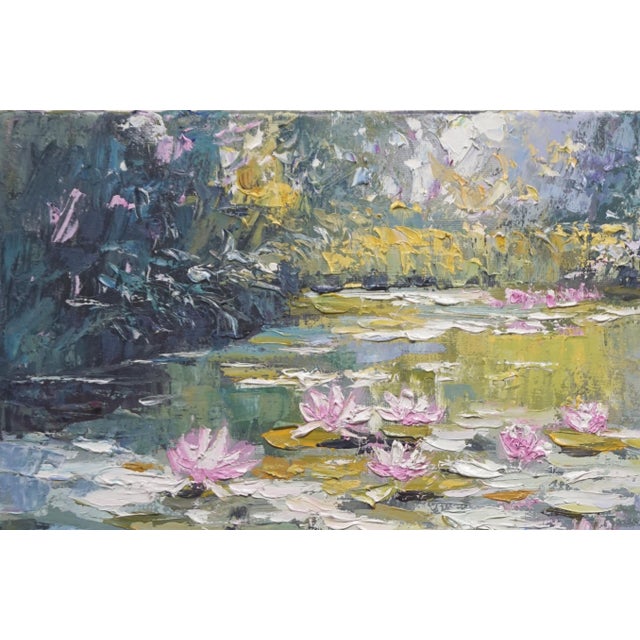 Impressionist Sean Wu Original Oil Landscape of Lily Pond For Sale - Image 3 of 5