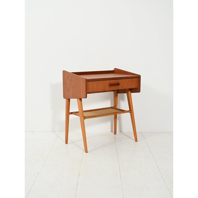 Scandinavian Bedside Table with Fabric Shelf, 1960s For Sale - Image 3 of 9