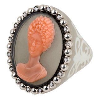 Miriam Salat Mythological Roman Cameo Resin Ring Set In Sterling Silver & Topaz For Sale
