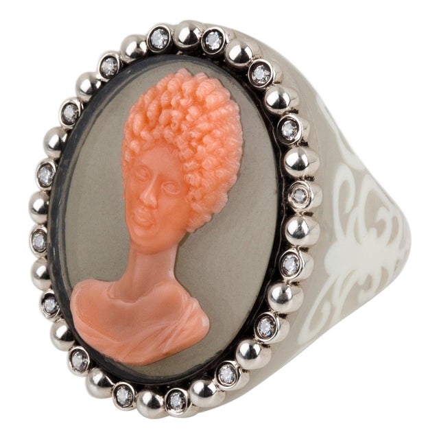 Miriam Salat Mythological Roman Cameo Resin Ring Set In Sterling Silver & Topaz For Sale