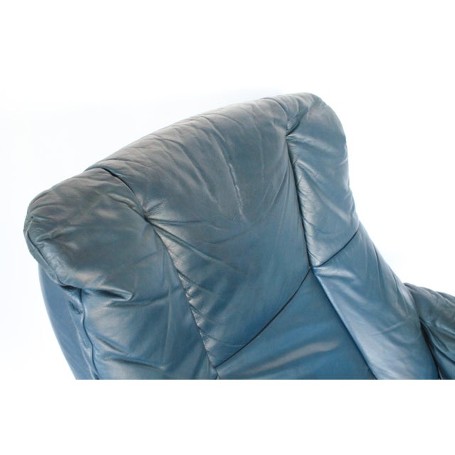 Vintage Ekornes "Stressless" Navy Blue Leather Reclining Chair & Ottoman For Sale - Image 10 of 12