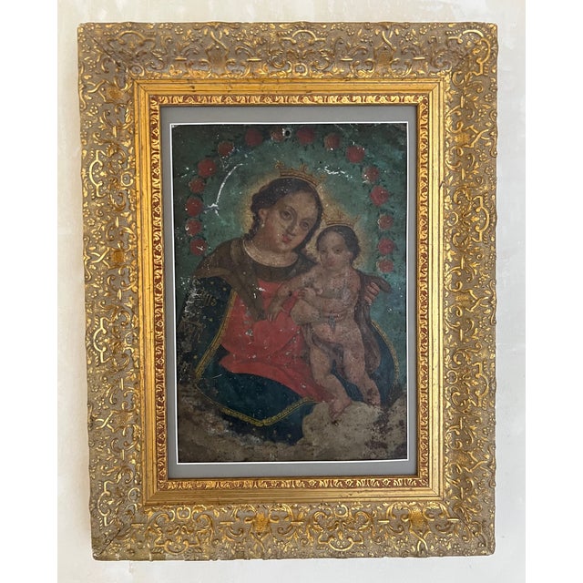 Wood 19th Century Virgin Mary and Christ Child Retablo, Oil on Tin For Sale - Image 7 of 13