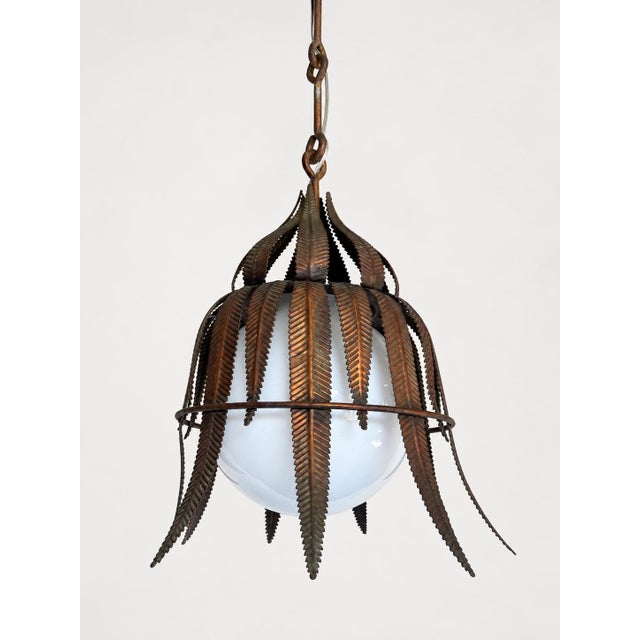 1950s Spanish Copper-Plated Iron Leaf Pendant With Opaline Glass Globe For Sale - Image 9 of 12