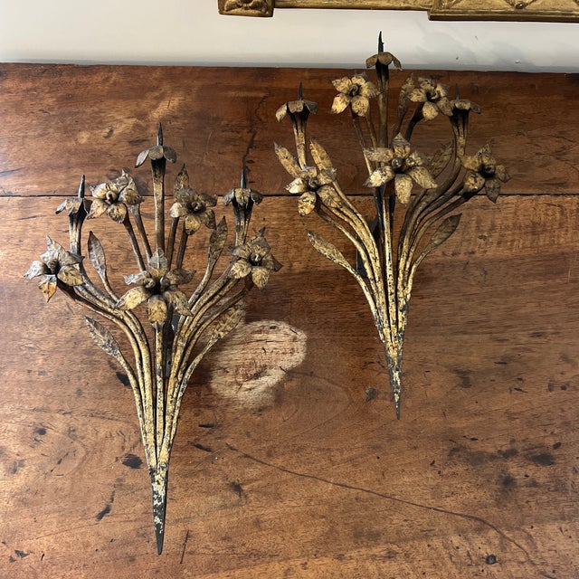 Metal Antique Cold Gilded Candle Prick Floral Wall Sconces- A Pair For Sale - Image 7 of 11