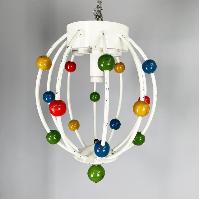 Italian mid-century modern White iron 5-light chandelier with colored spheres, 1940s 5-light chandelier with a round base,...
