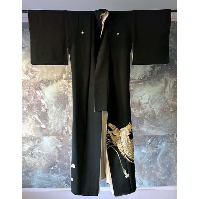 Mid 20th Century Vintage Japanese Formal Black Silk Kimono with Pheonix Embroidery For Sale - Image 5 of 18